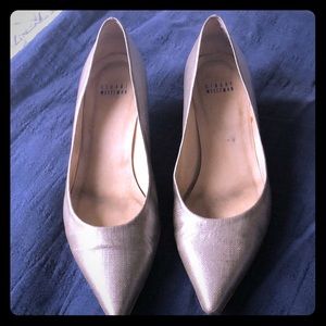 Stuart Weitzman waxes linen silver kitten heels